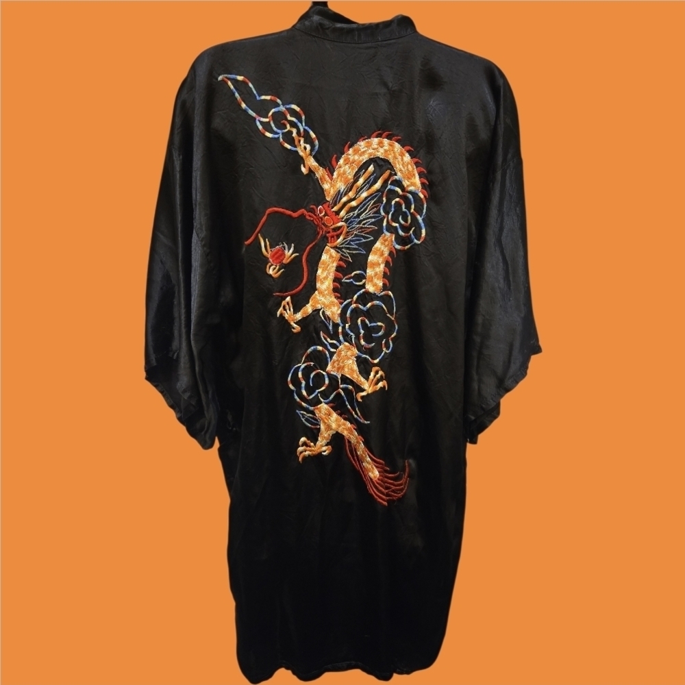 Black Kimono Satin Robe with Dragon Embroidery Lingire EUC